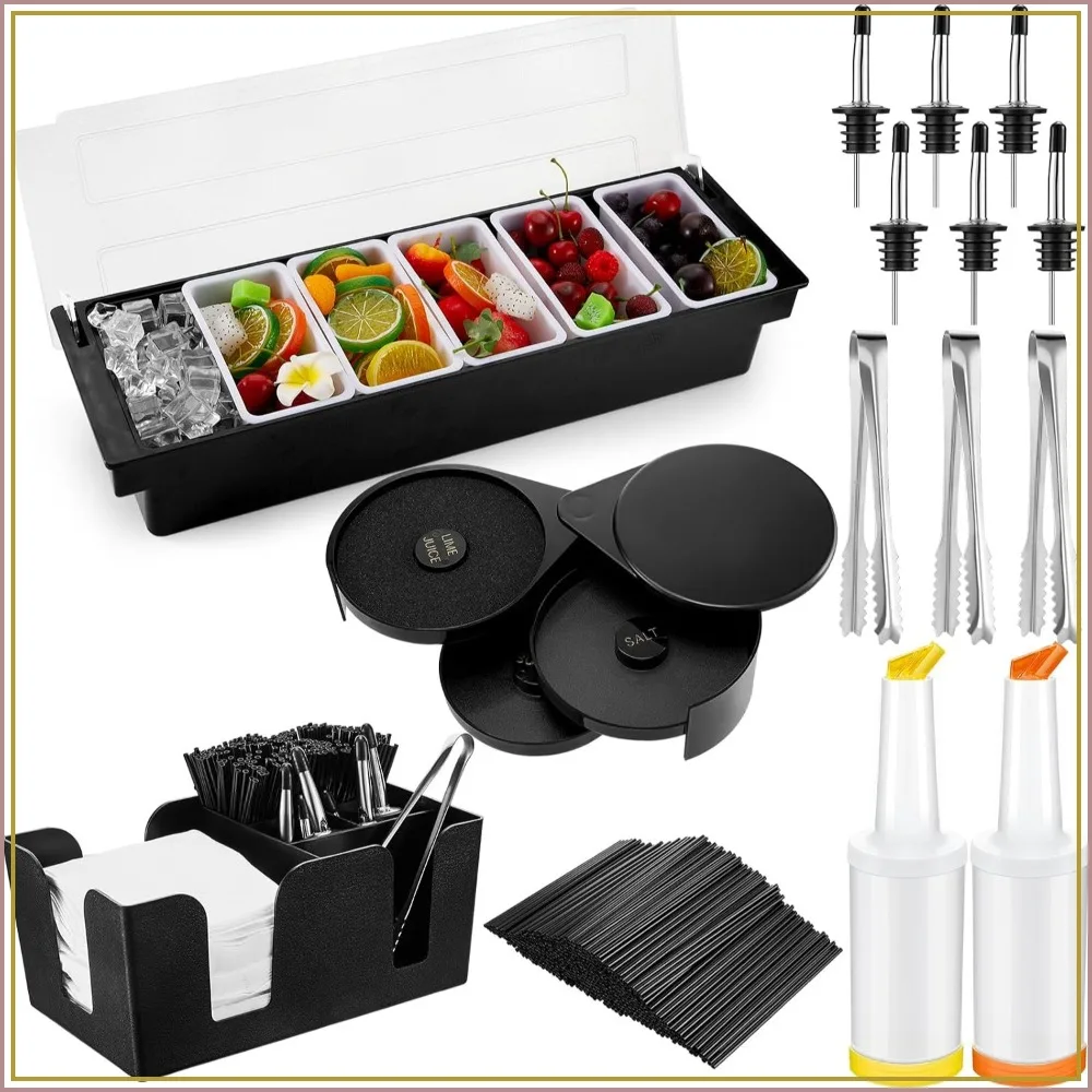Garnish Tray Set - 6-Compartment Garnish Tray with Lid, Bar