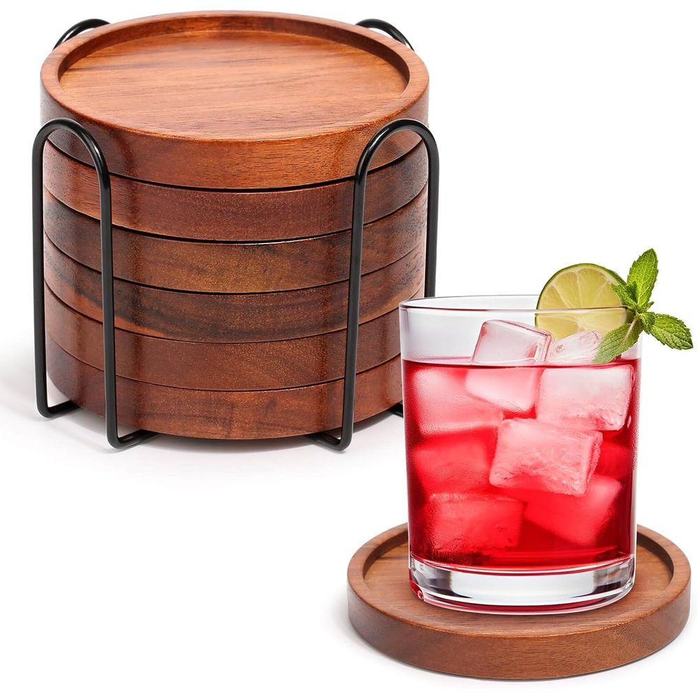 Set of 6 Acacia Wood Coasters  - Home Bar Set avis et prix