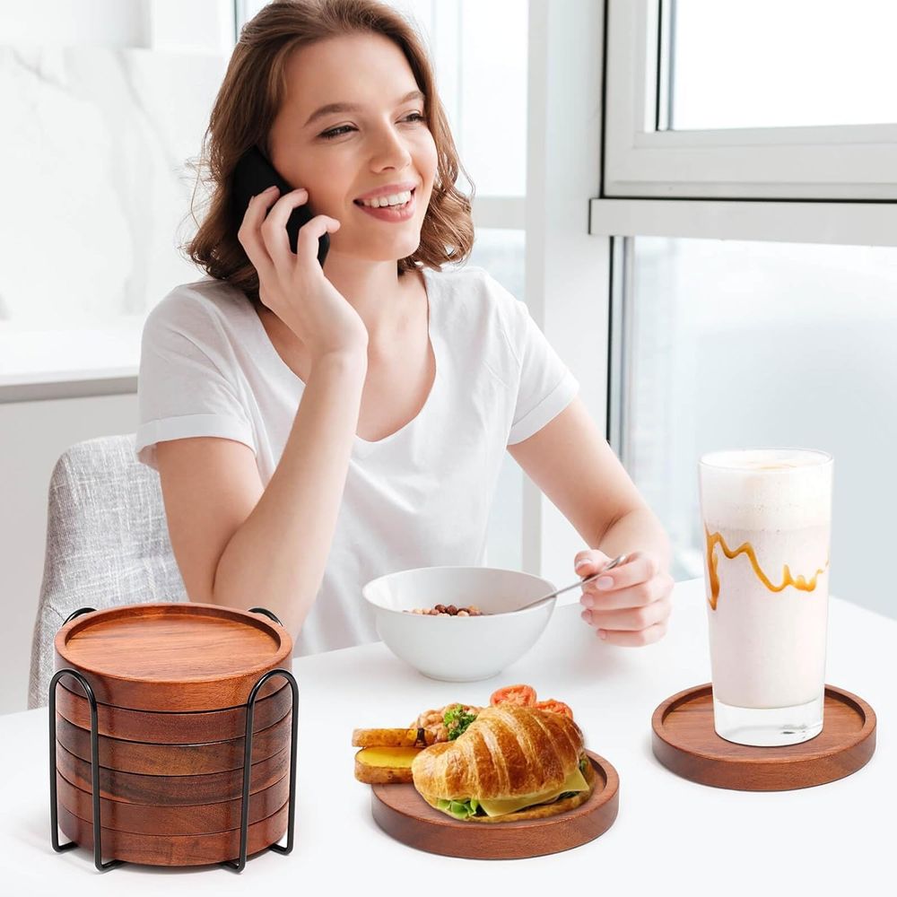 Set of 6 Acacia Wood Coasters  - Home Bar Set avis et prix