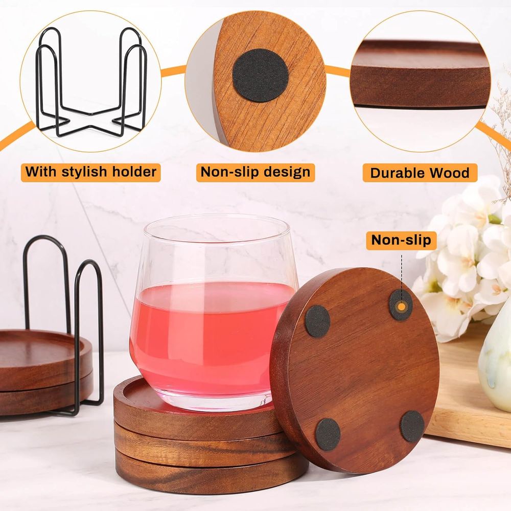 Set of 6 Acacia Wood Coasters  - Home Bar Set avis et prix